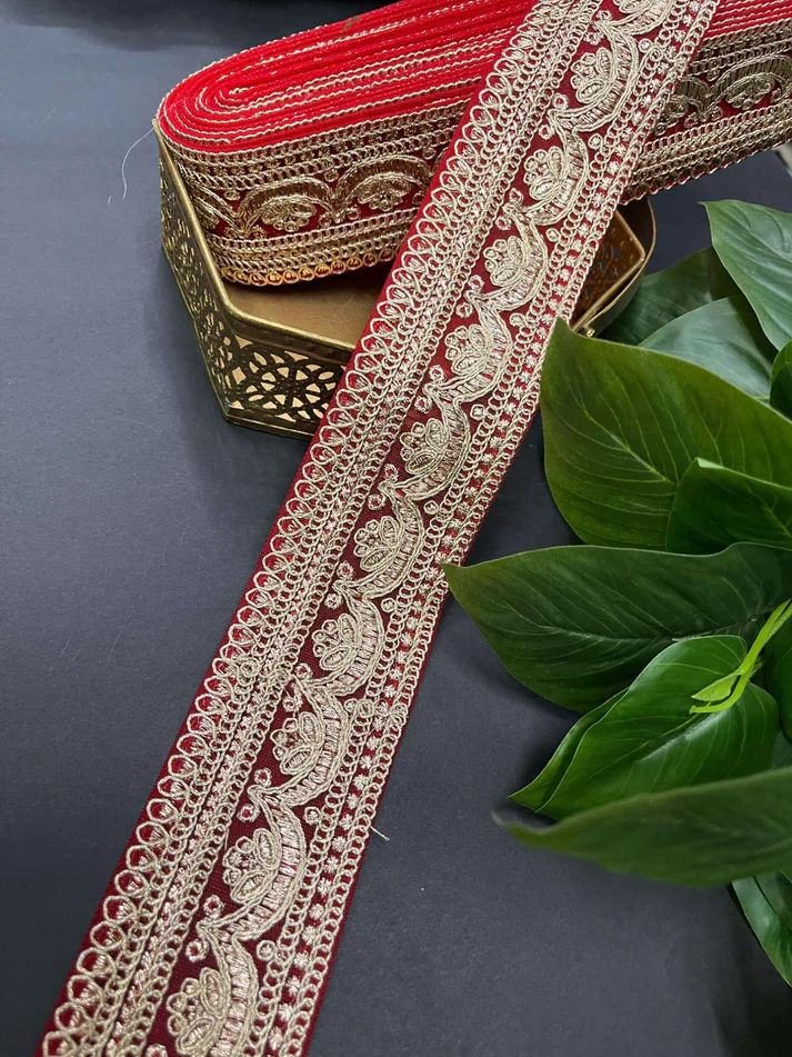 Embroidery Designer Lace on Net Fabric - Red